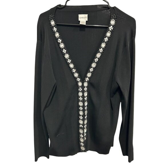Chicos Black Embellished Cardigan Sweater Floral Rhinestone Long Sleeve Sz L - Picture 1 of 9